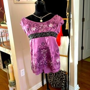 Light purple silk blouse. Embroidery design black white and black stone work